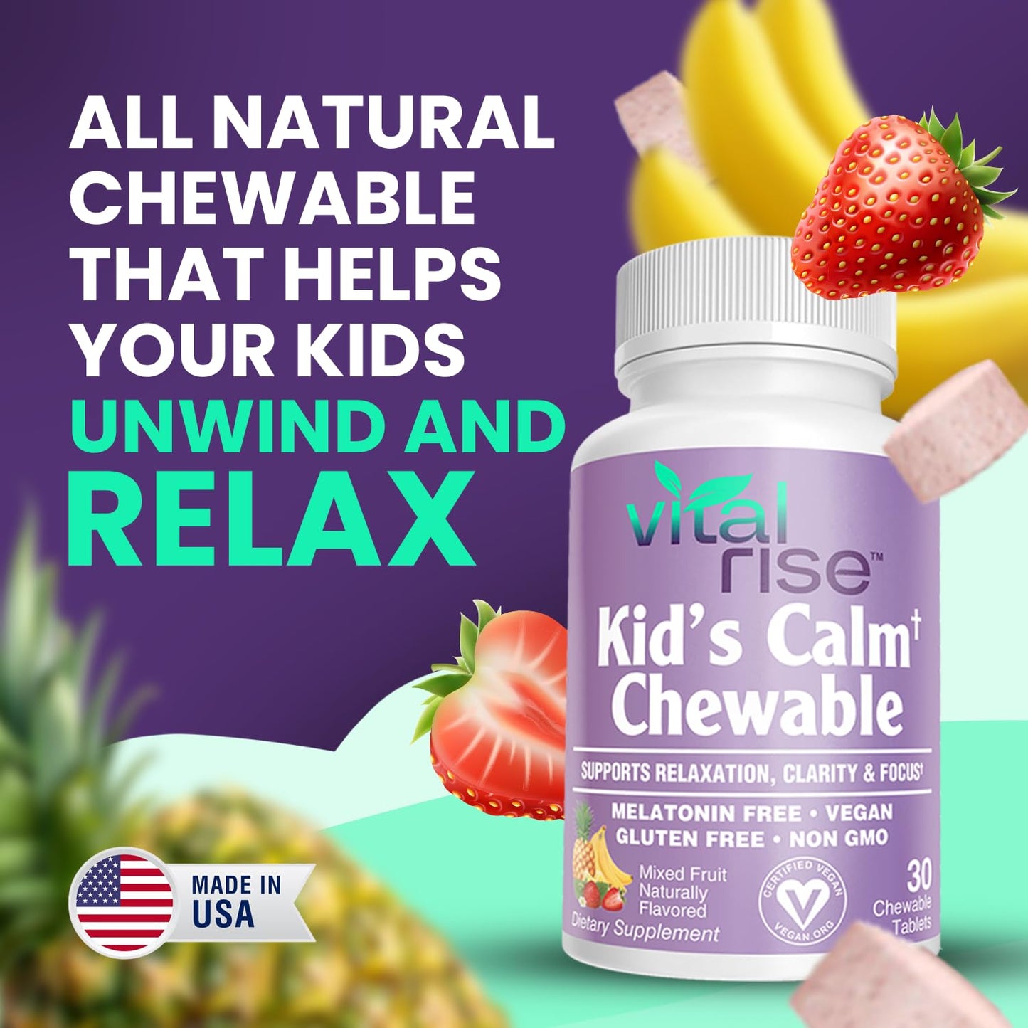 Vital Rise Kids Magnesium Chewables – Sugar-Free, Melatonin-Free Calm & Focus (30 Count)