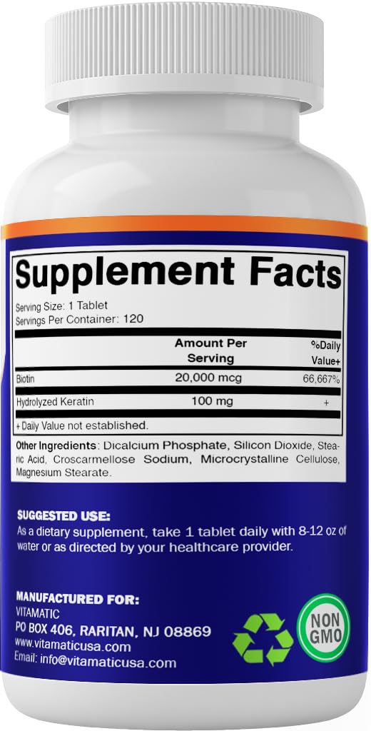 Vitamatic High Potency Biotin 20000 mcg with Keratin 100mg - 120 Vegetarian Tablets (Pack of 2) | Hair, Skin & Nails