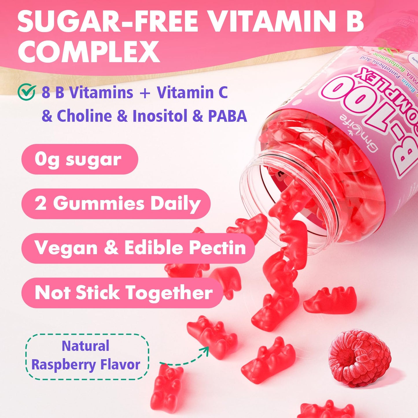 Vitamin B Complex Gummies – All B Vitamins + Methyl B12 | Energy & Immune Support | Raspberry Flavor (60 Count)