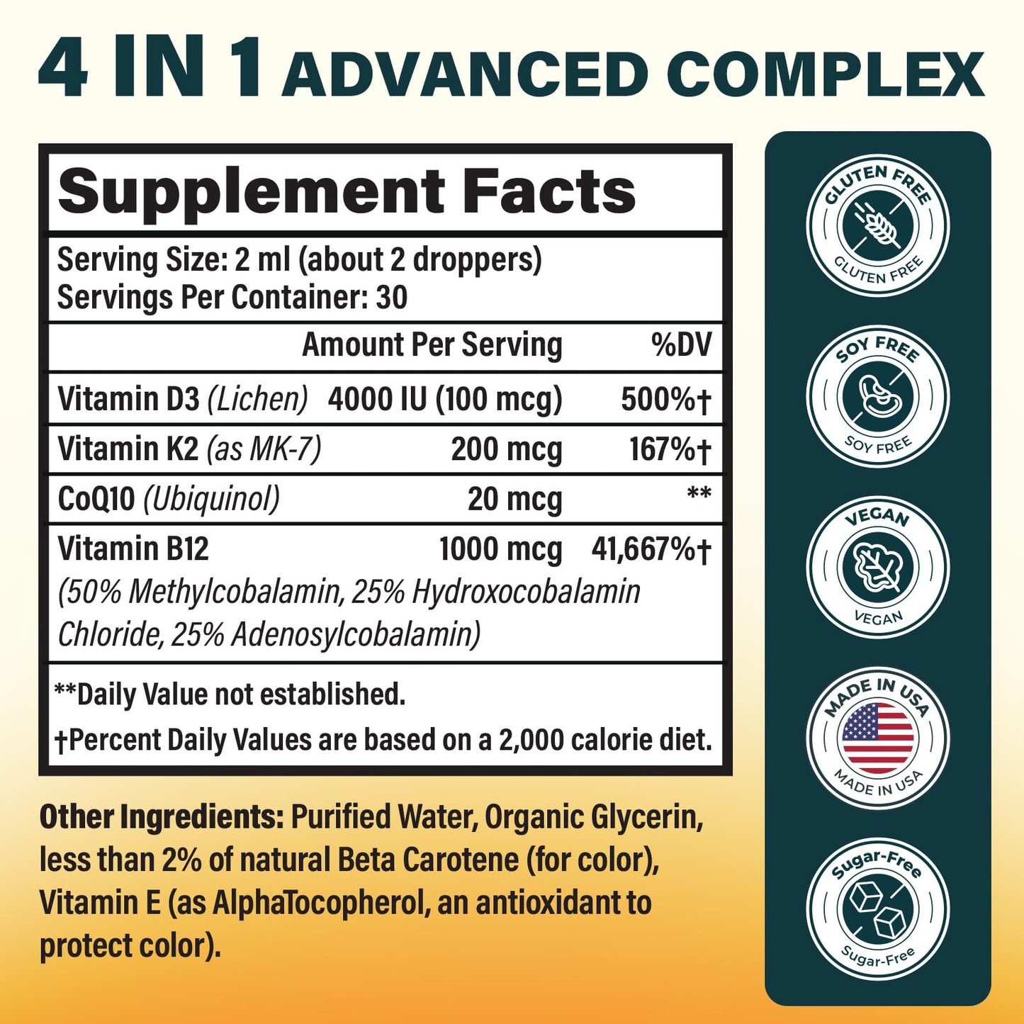 Vitamin D3 K2 MK-7 4000 IU Liquid Drops – CoQ10 & B12 for Bone Health