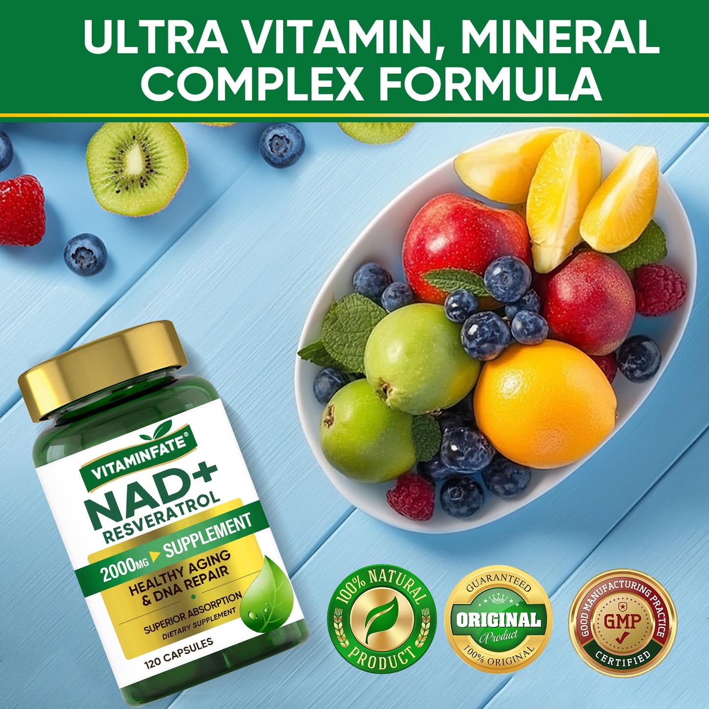 VITAMINFATE NAD+ Supplement 2000 mg – 120 Capsules | NAD+ + Resveratrol