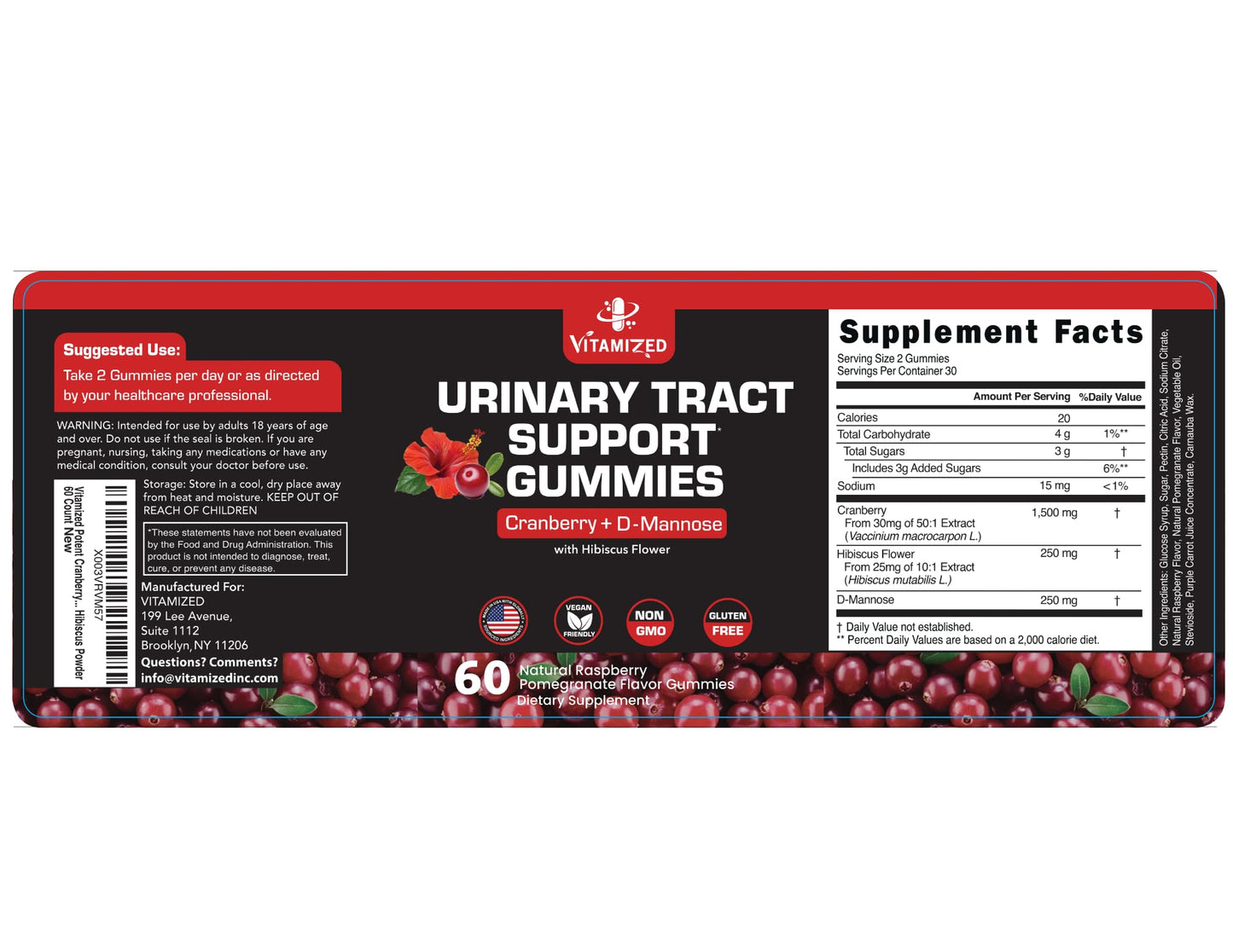 VITAMIZED Cranberry Gummies 1500mg + D-Mannose – Urinary Tract Health (60 Count) BritishVita | Premium UK Vitamins & Wellness Supplements