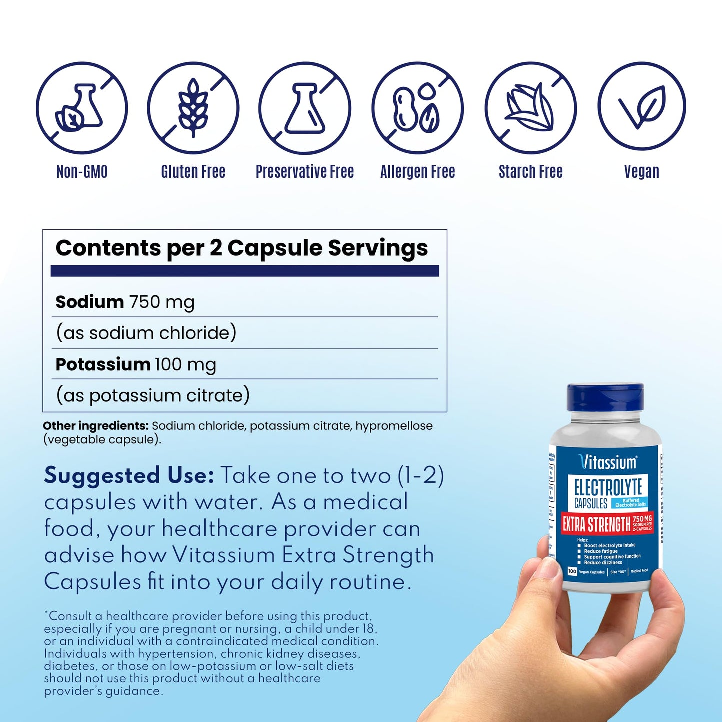 Vitassium Extra Strength Electrolyte Capsules – 750mg Sodium for POTS Support, Unflavored, 100 Pills (Size 00)