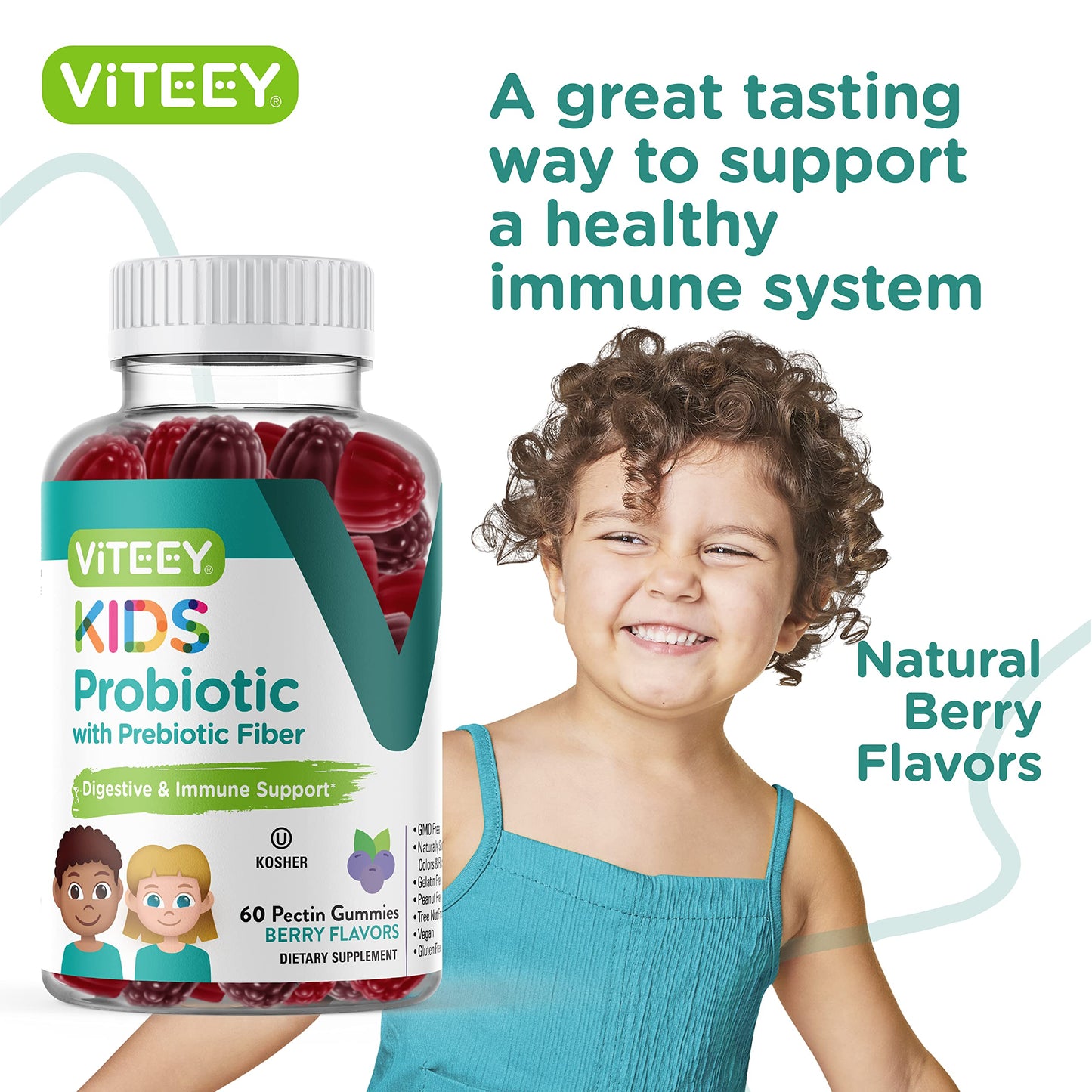 Viteey Probiotic Gummies for Kids with Prebiotic Fiber - 2B CFUs | Digestive & Gut Health, Constipation Relief - Vegan, Gelatin-Free, Berry Chewable