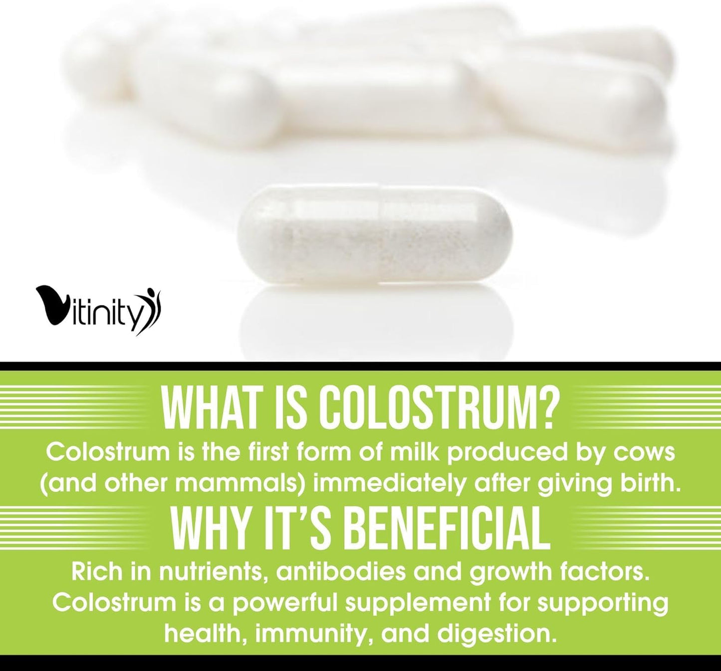 VITINITY Grass Fed Bovine Colostrum Capsules for Humans | Gut Health & Immunity | 120 Count