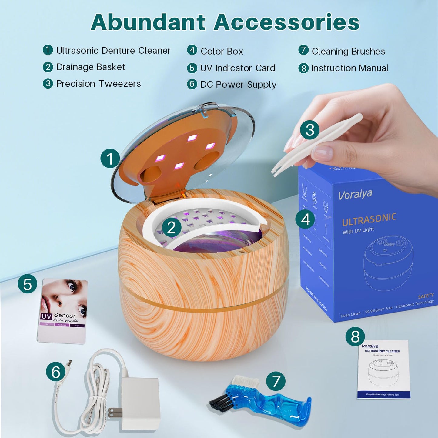 Voraiya Ultrasonic Retainer Cleaner – 360° UV Cleaning, 45kHz Denture & Mouth Guard Cleaner