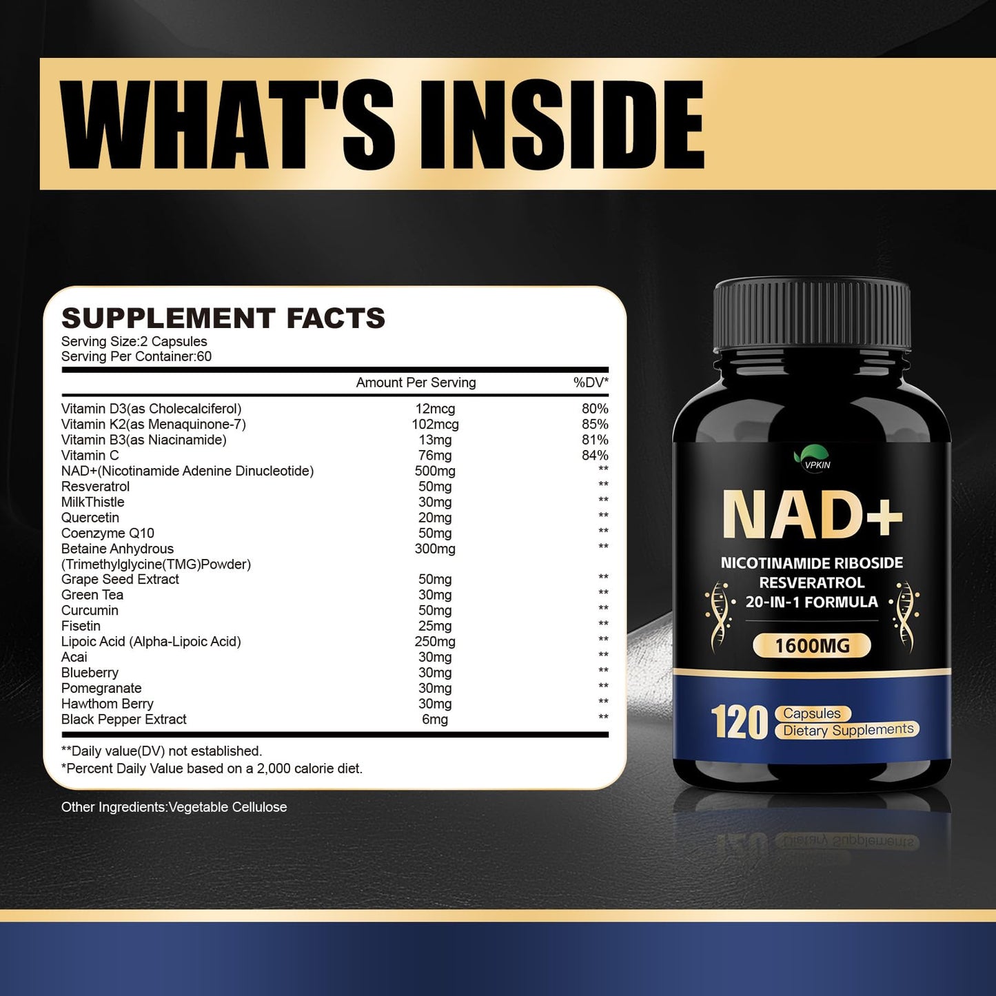 VPKIN NAD Supplement 1500mg NAD+ with Resveratrol, Nicotinamide, Quercetin & CoQ10 – 120 Vegan Capsules (Non-GMO)