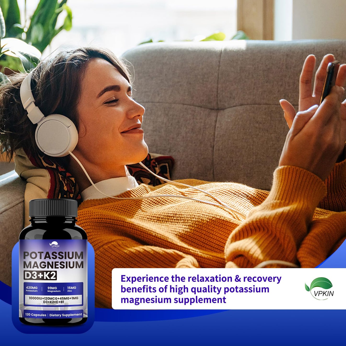 VPKIN Potassium Magnesium Zinc & D3 K2 Supplement – 120 Vegan Capsules, Immune & Energy Support