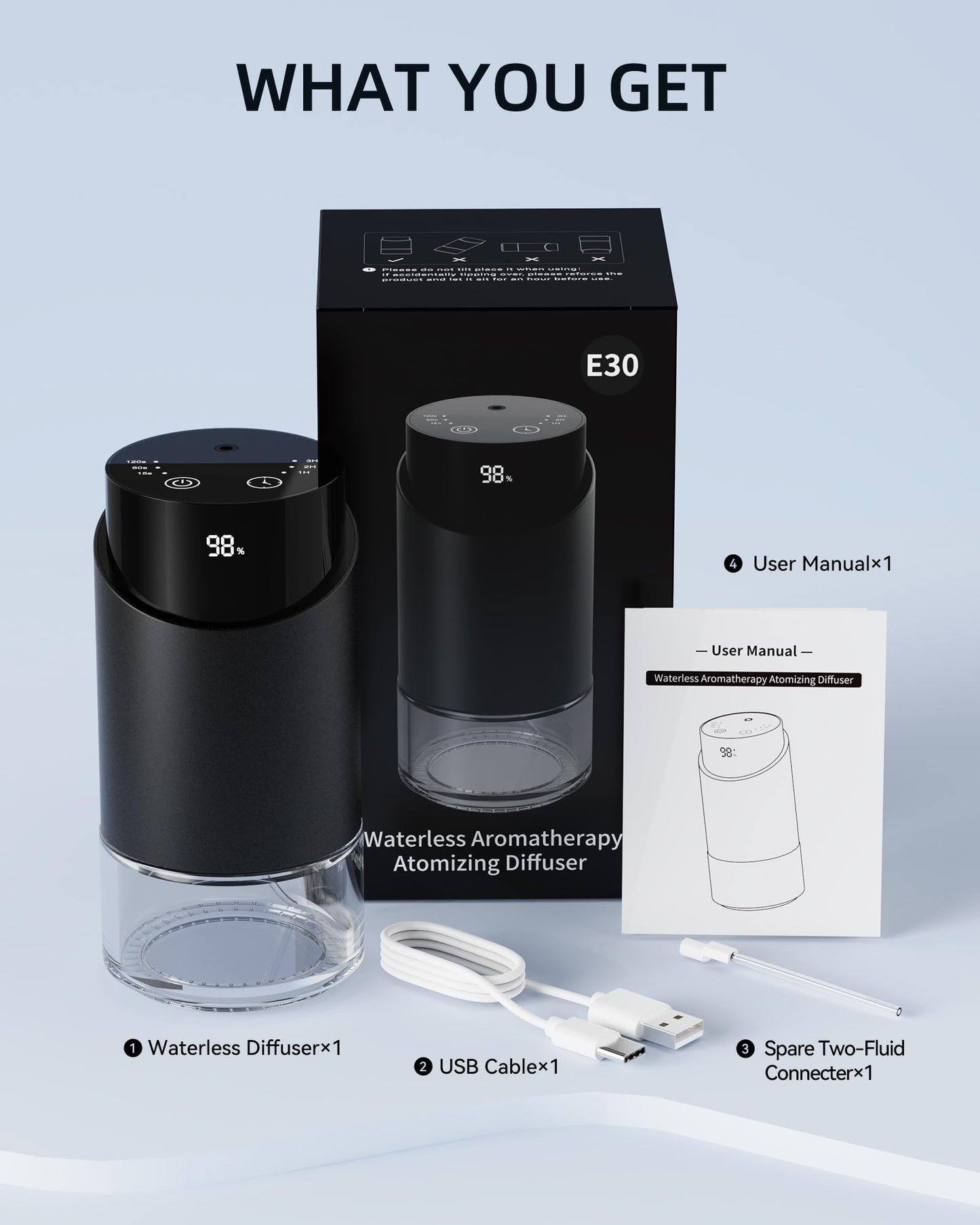 Waterless Essential Oil Diffuser – Nano Mist, 600 sq ft, 100ml, Battery Powered (Black)