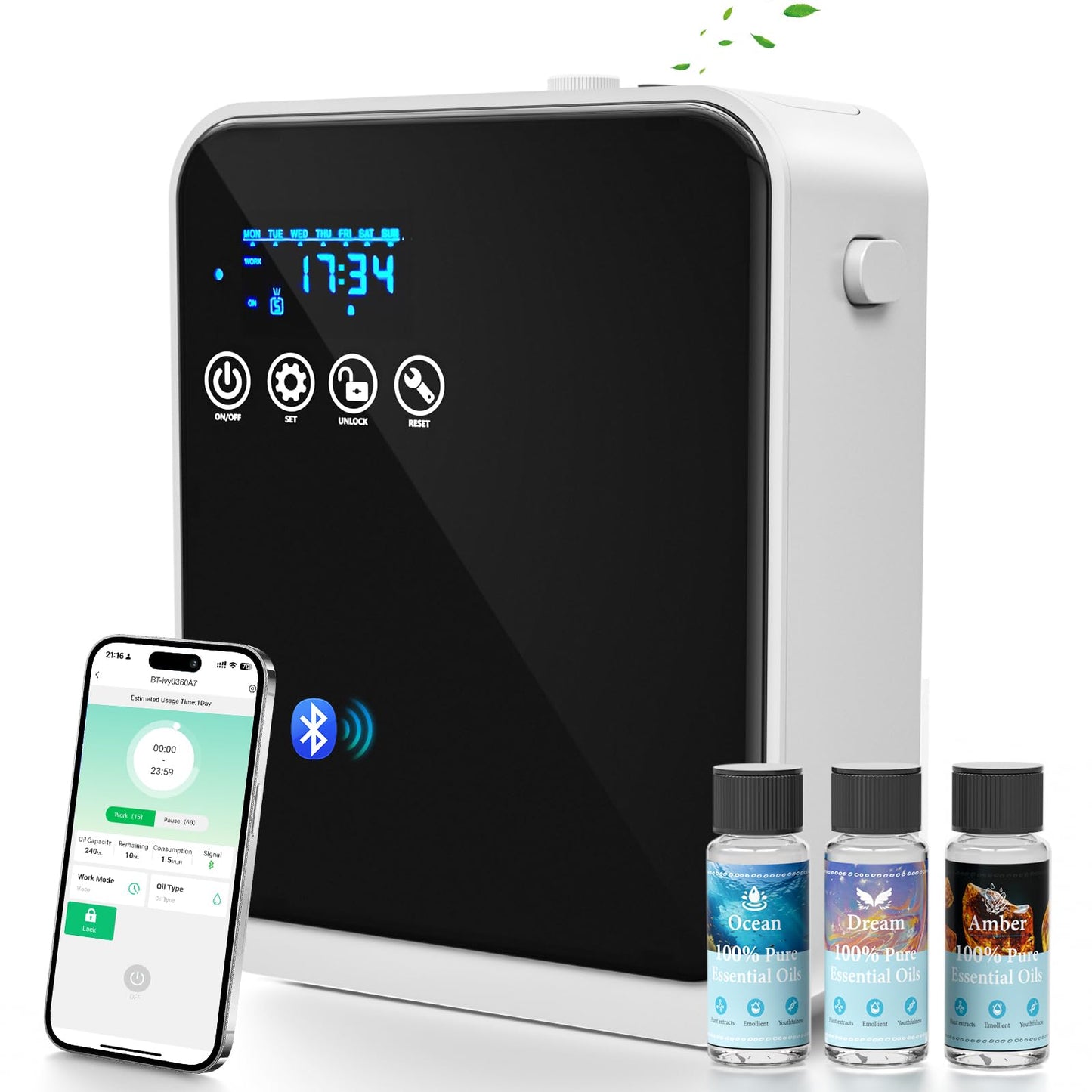Waterless Essential Oil Diffuser - App Control, 1500 sq ft, 250ml, Black