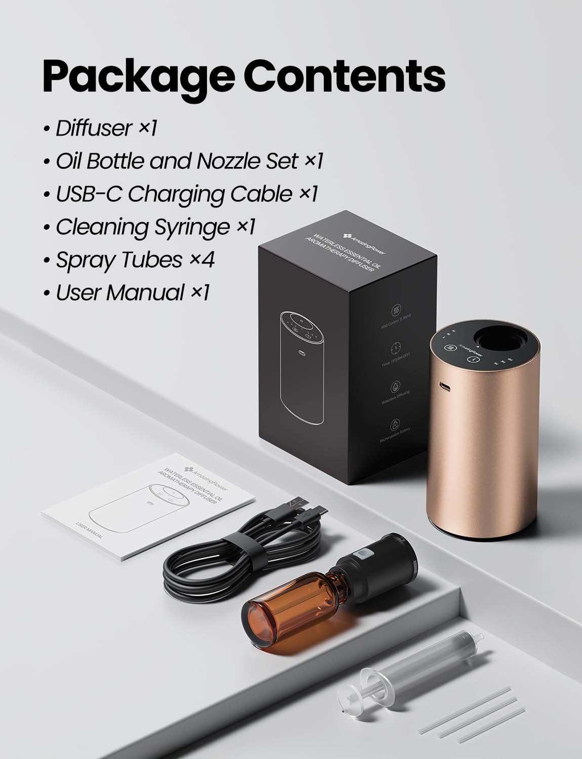 Waterless Essential Oil Diffuser - Desert Titanium, 3 Mist Levels & Rechargeable