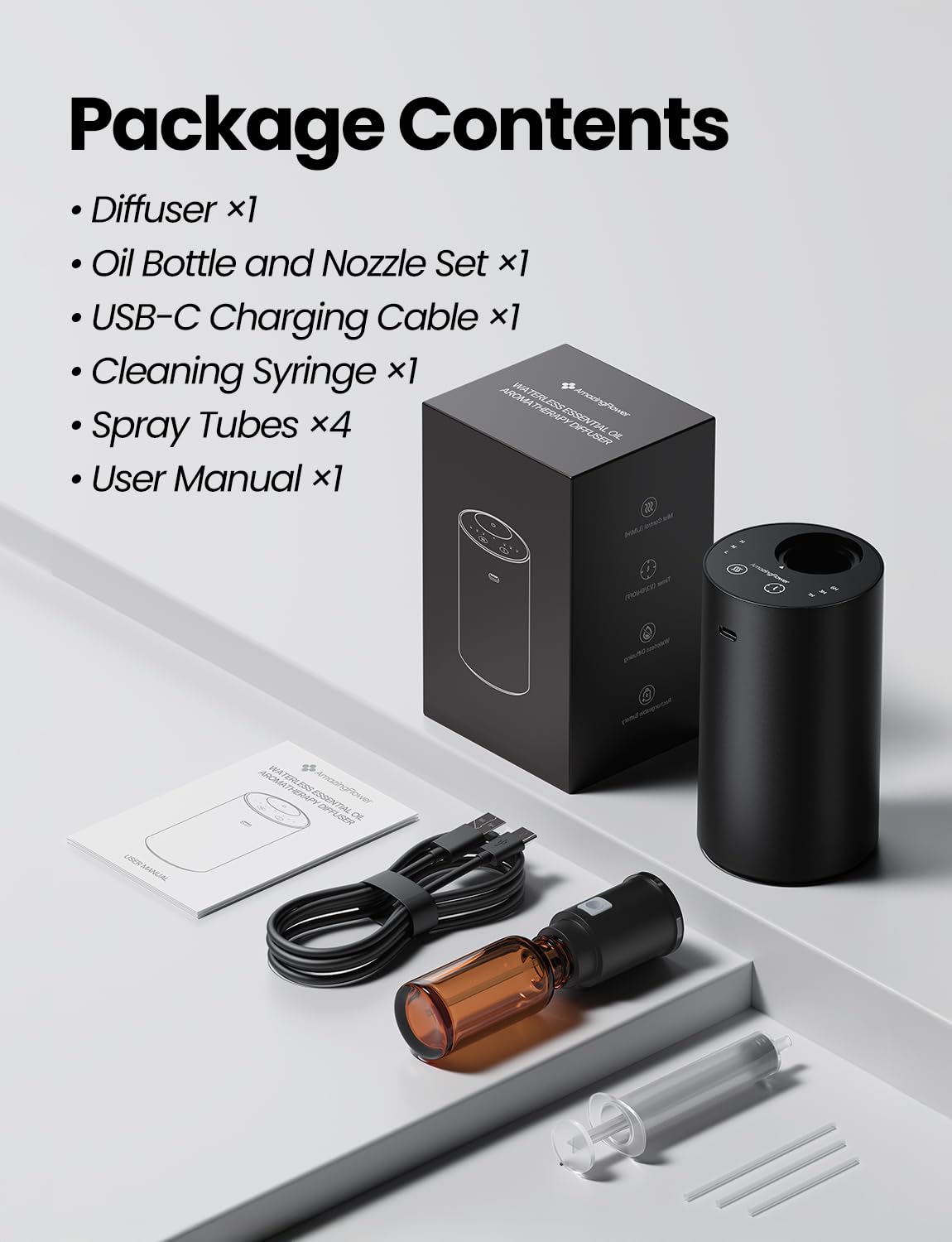 Waterless Essential Oil Diffuser - Rechargeable, 3 Mist Levels, Portable (Black Metal)
