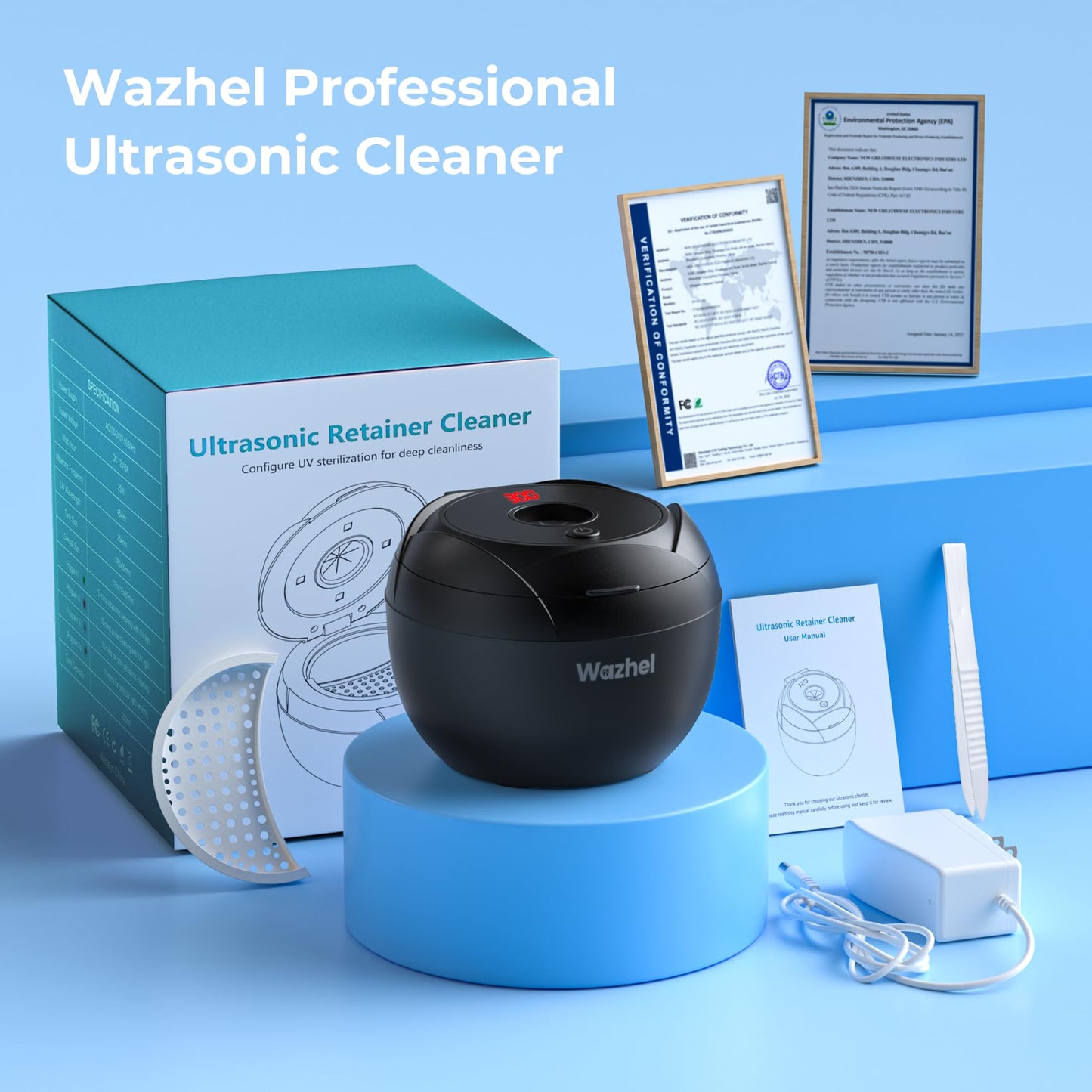 Wazhel Ultrasonic Retainer Cleaner Machine 45kHz 200ml Black — Dentures Mouth Guards Aligner Braces