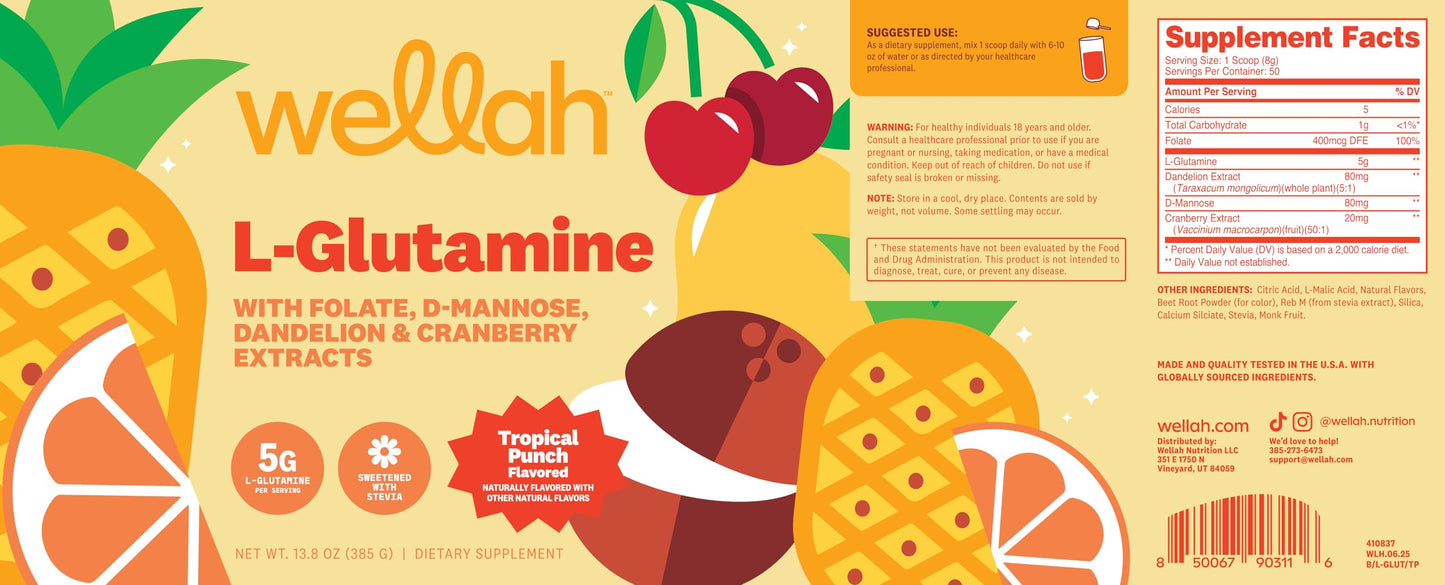 Wellah L-Glutamine Powder Tropical Punch – 50 Servings | 5g per Serving, Stevia