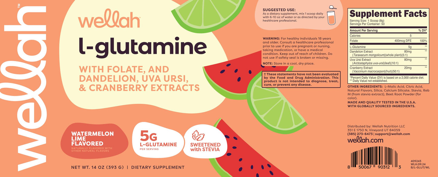 Wellah L-Glutamine Powder Watermelon Lime 50 Servings (5g per Serving)