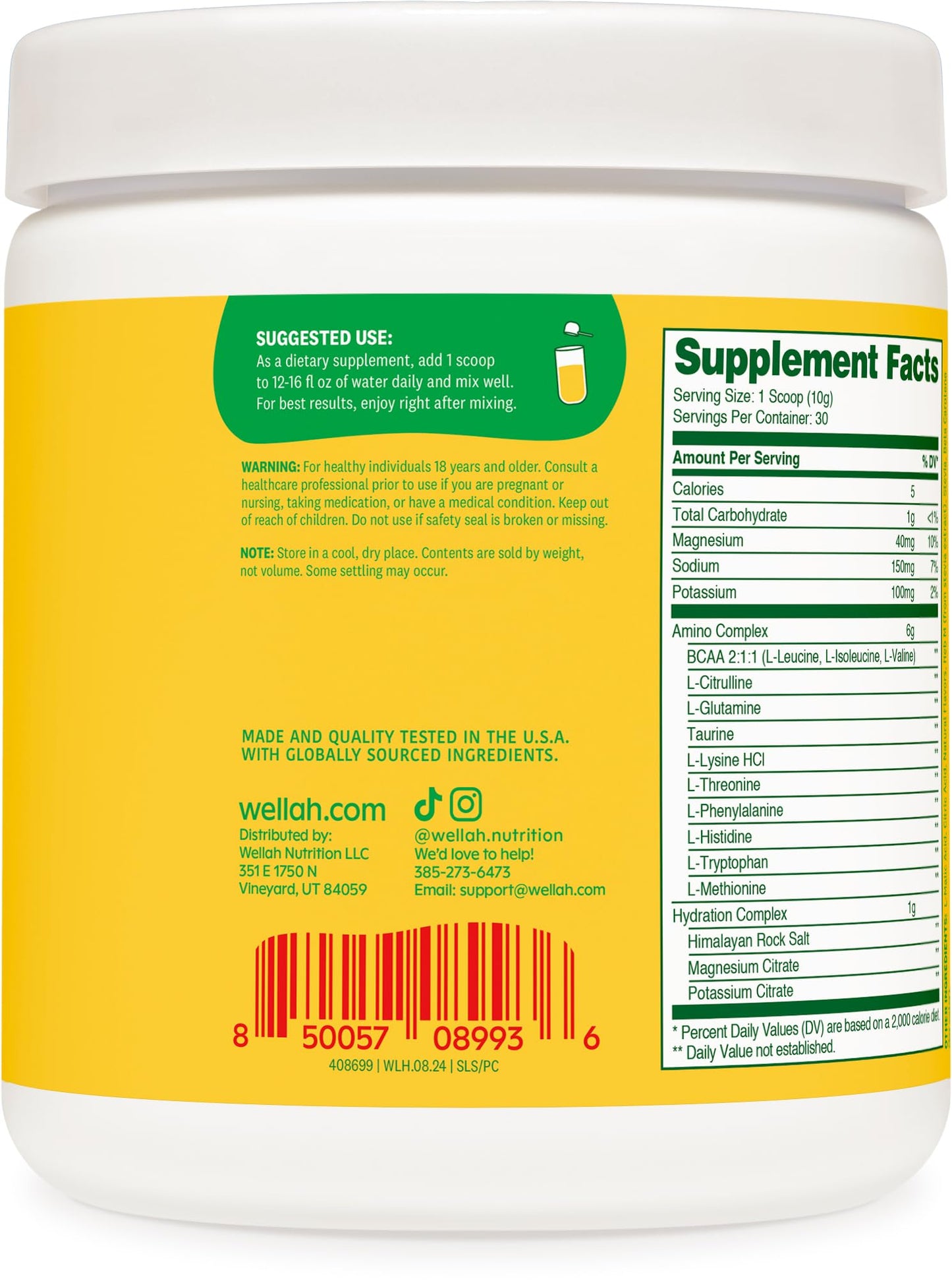 Wellah So Long Soreness BCAA Powder – Pina Colada, 30 Servings (Hydration Complex)