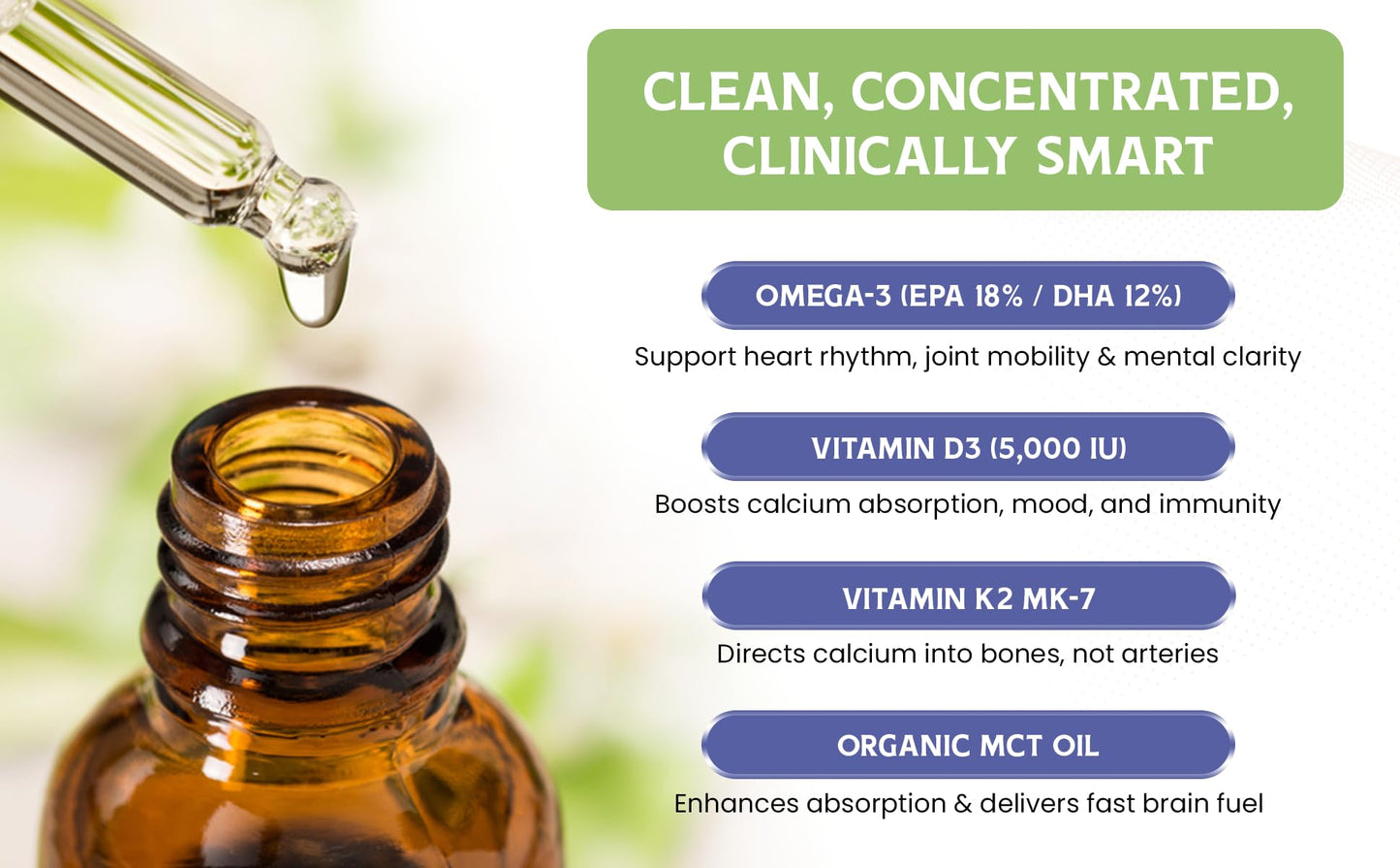 Wellness Wise Naturals Omega-3 + Vitamin D3 5000 IU with MK-7 K2 – Heart & Bone Support (1 fl oz)