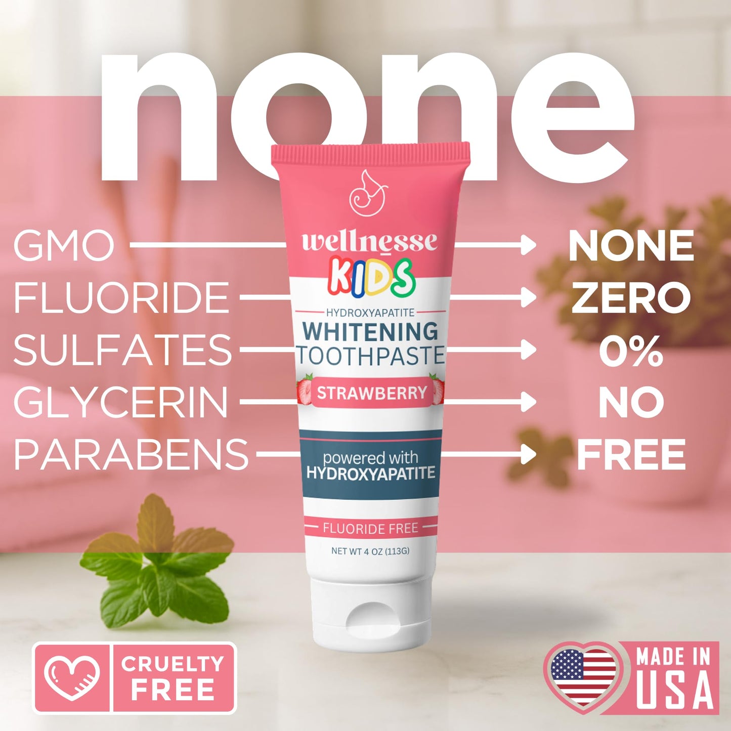 Wellnesse Kids Hydroxyapatite Toothpaste with Xylitol - Fluoride-Free Strawberry Flavor, 4 oz (Pack of 3) | Vegan & Sensory-Friendly