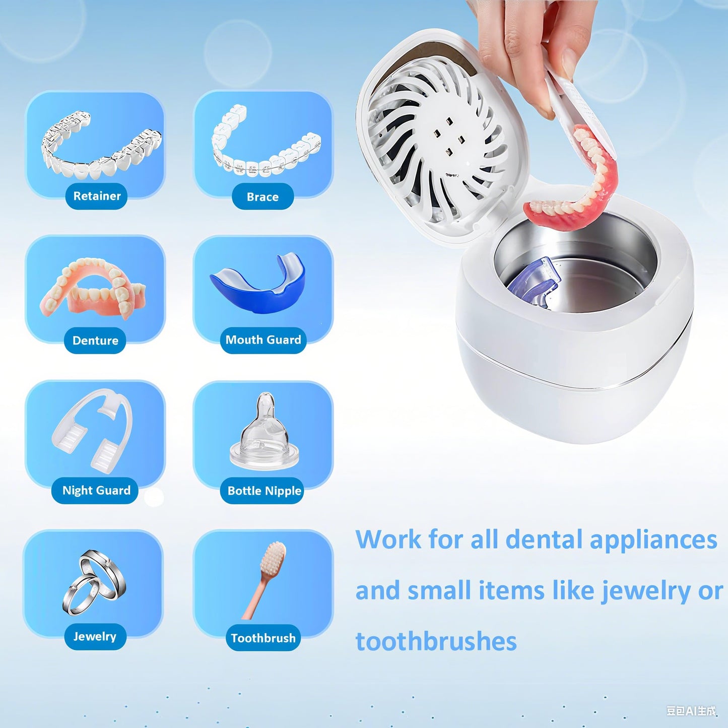 2025 Upgraded Ultrasonic Retainer Cleaner with Dryer Fan – 45kHz UV Cleaning Pod (White) | Dentures, Aligners & Jewelry