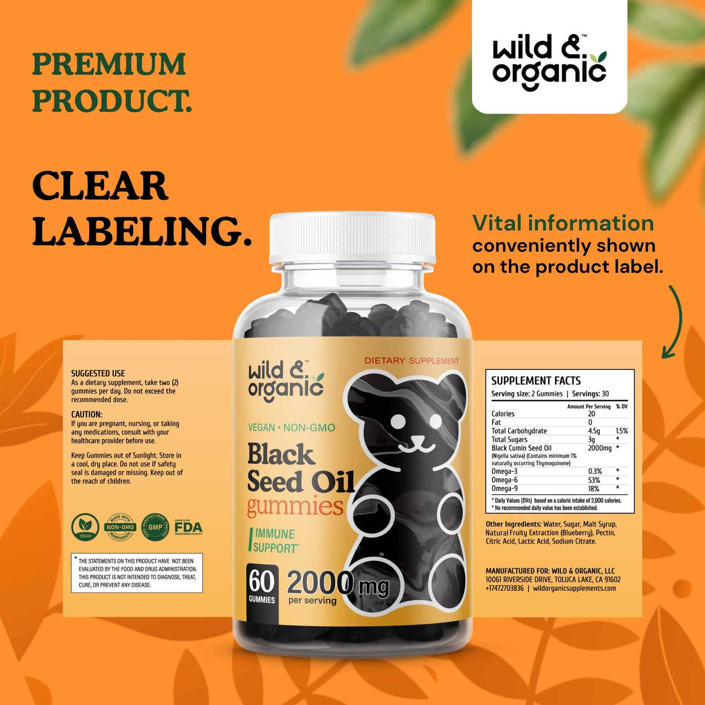 Wild & Organic Black Seed Oil Gummies 2000mg - Hair Skin & Nails Support | Vegan, Pectin-Based
