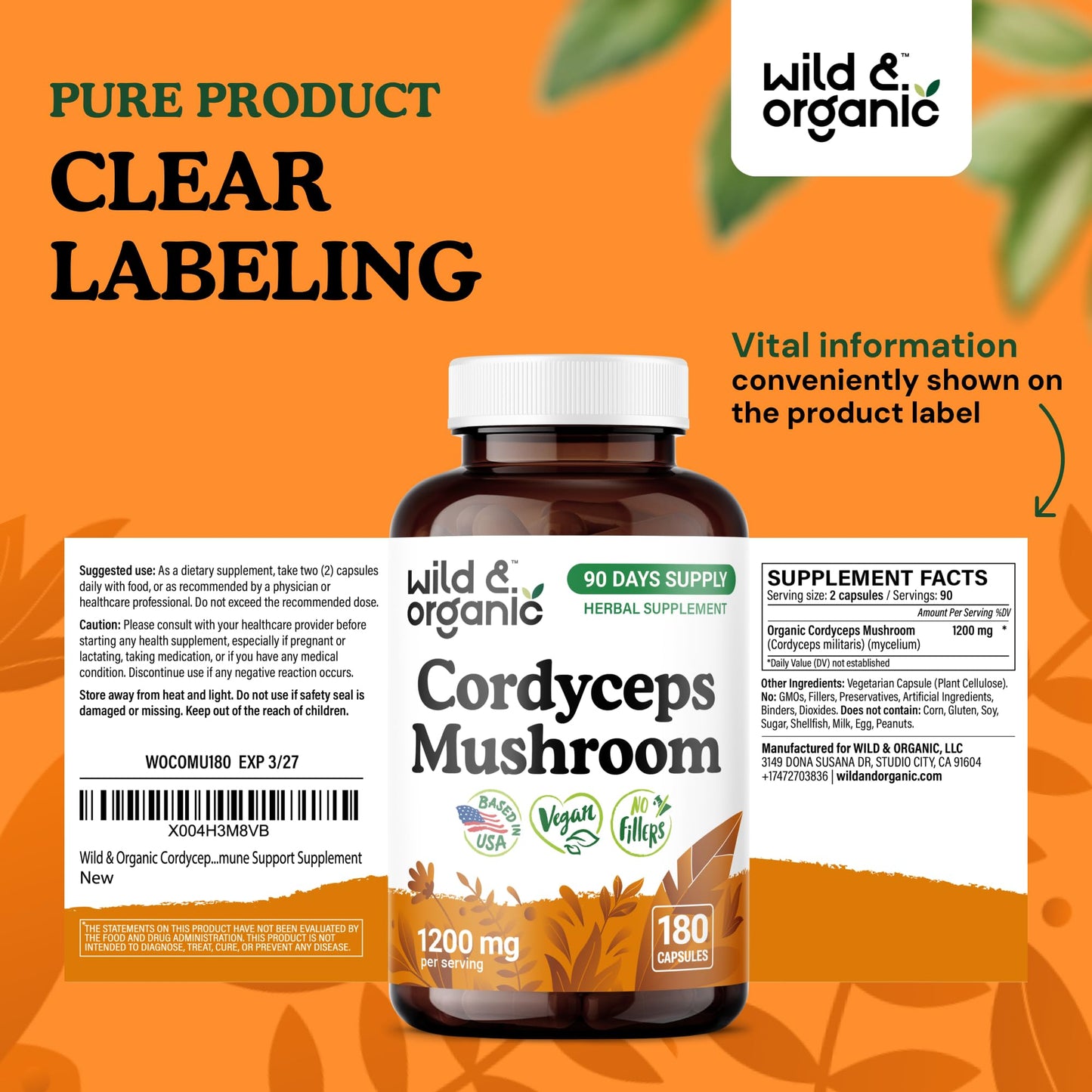Wild & Organic Cordyceps Capsules 1200 mg – Immune Support, Pure Mycelium Extract, Vegan, Non-GMO | 180 Count