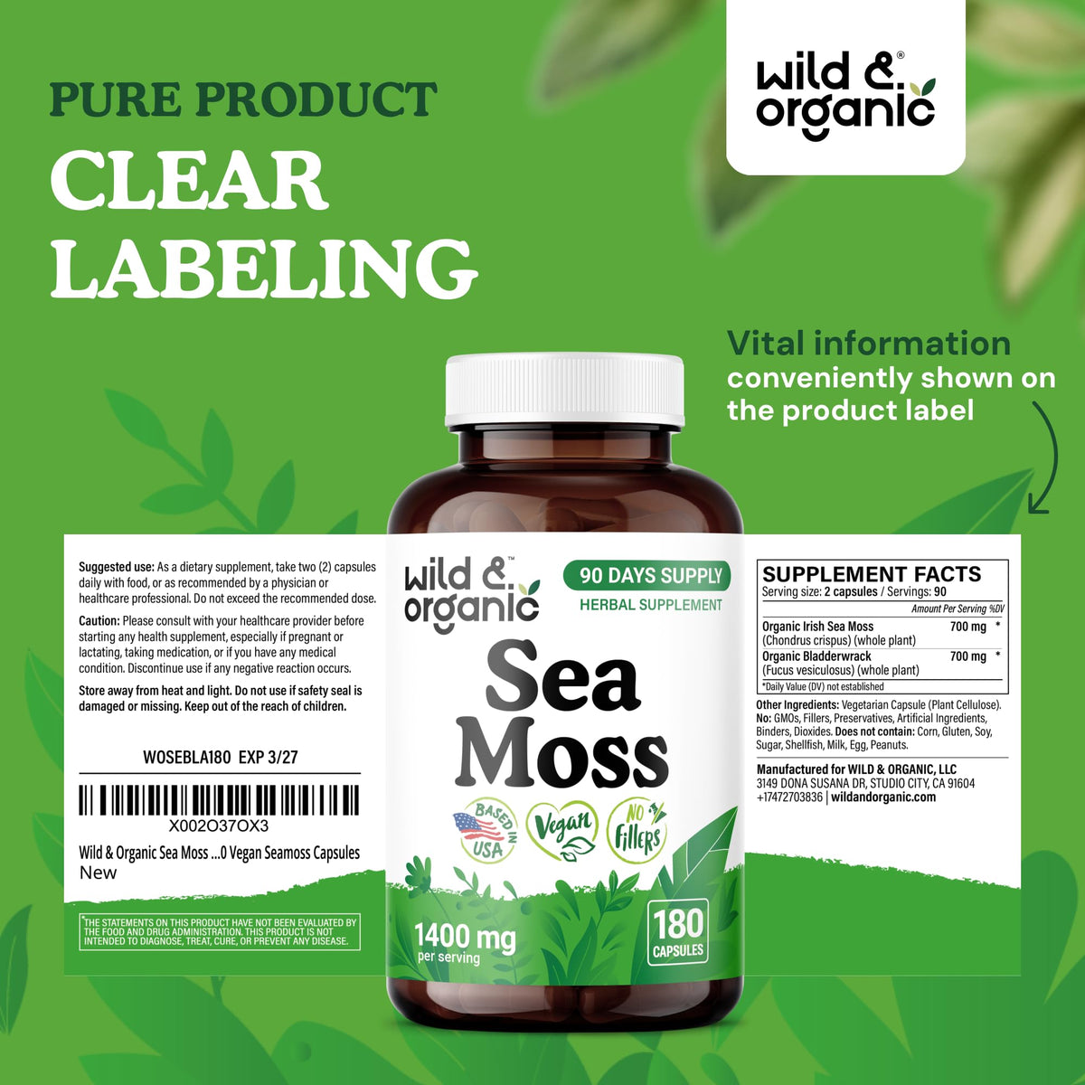 Wild & Organic Sea Moss Capsules - Irish Sea Moss Complex with Bladderwrack & Burdock Root for Overall Well-Being - 180 Vegan Capsules BritishVita | Premium UK Vitamins & Wellness Supplements