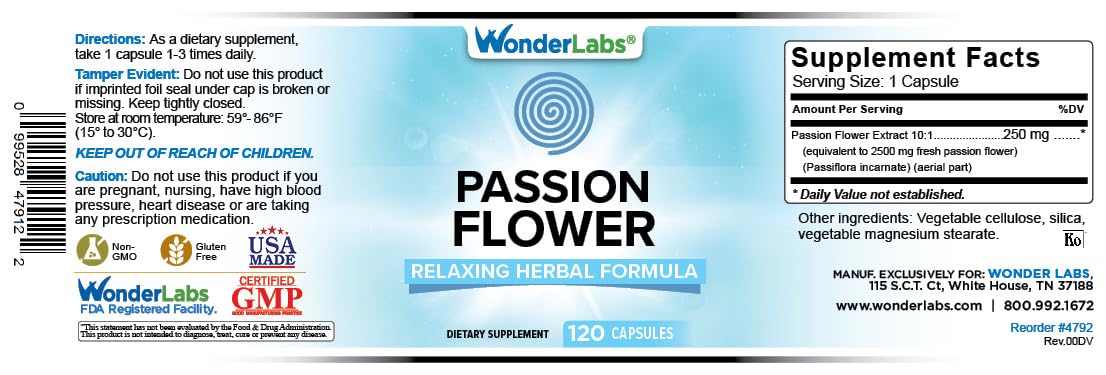 Wonder Laboratories Passion Flower Extract 2,500mg Equivalent – 120 Capsules | Gluten Free, Non-GMO, Vegetarian