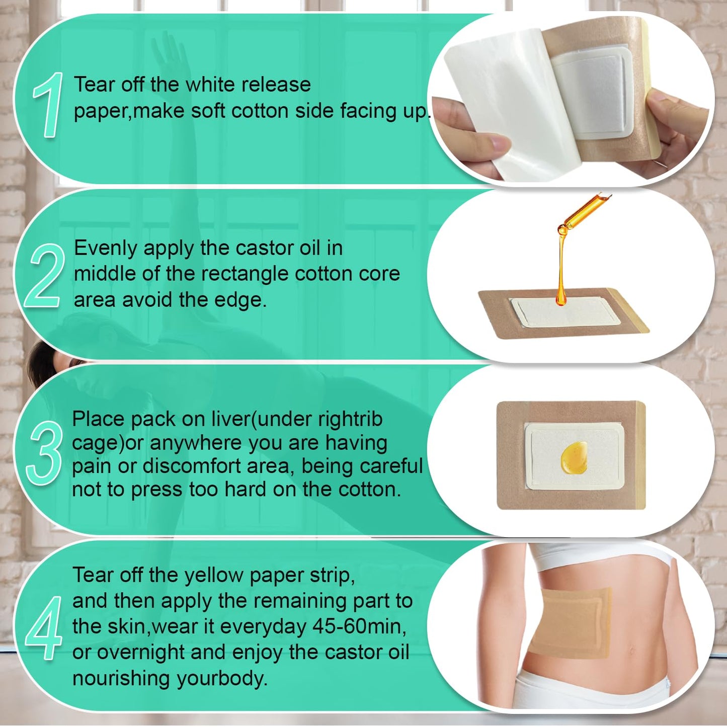 Woowruier 32 Pcs Castor Oil Patches – Anti-Leakage Pack Wrap for Belly, Feet & Knee (Oils Not Included), 5.1 x 3.9 inches