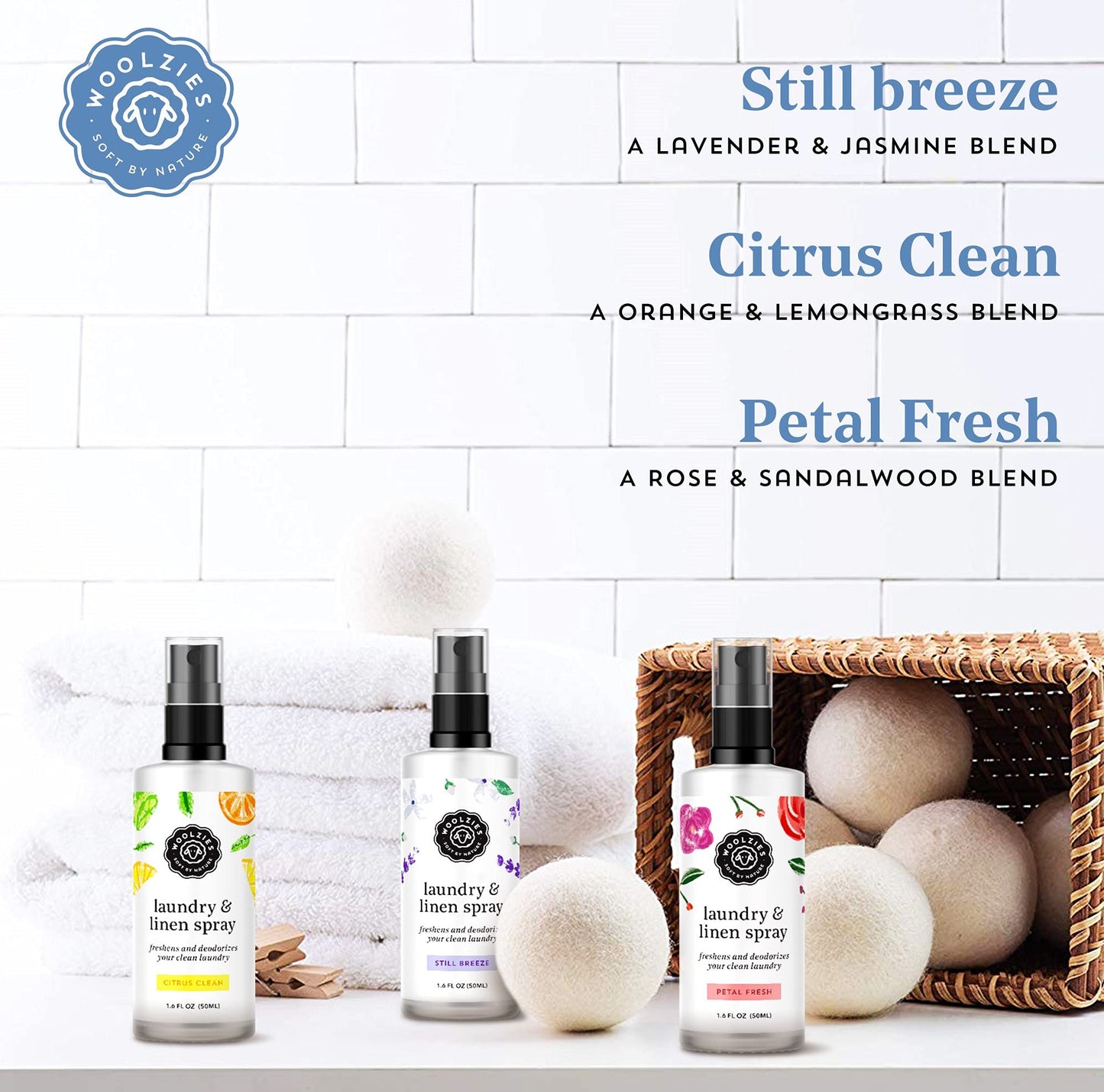 Woolzies Laundry Essential Oil Linen Spray Set – Still Breeze, Petal Fresh, Citrus Clean (50 ml)