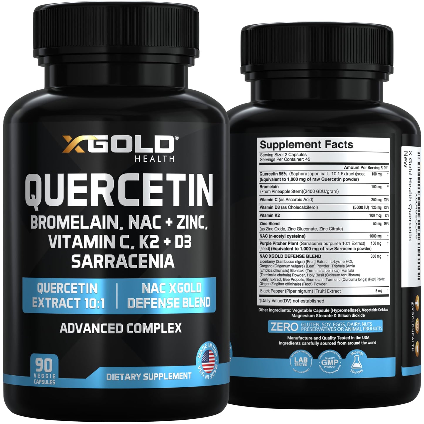 X Gold Immune Support - Quercetin 1000mg, NAC 1000mg, Zinc + D3+K2 | 120 Caps