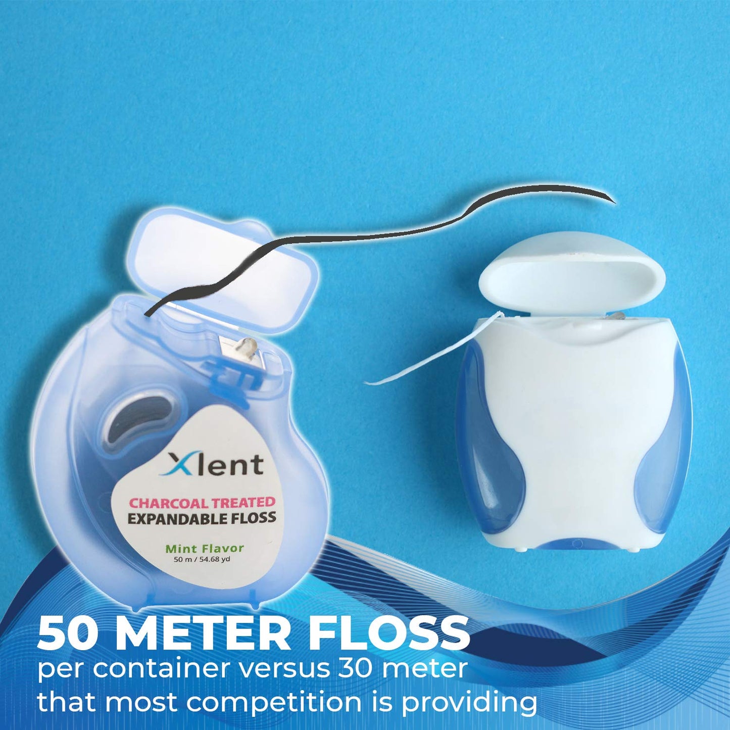 Xlent Expandable Charcoal Floss with Xylitol & Mint – 150m Eco Bundle (Reusable Blue Dispenser + Refills)