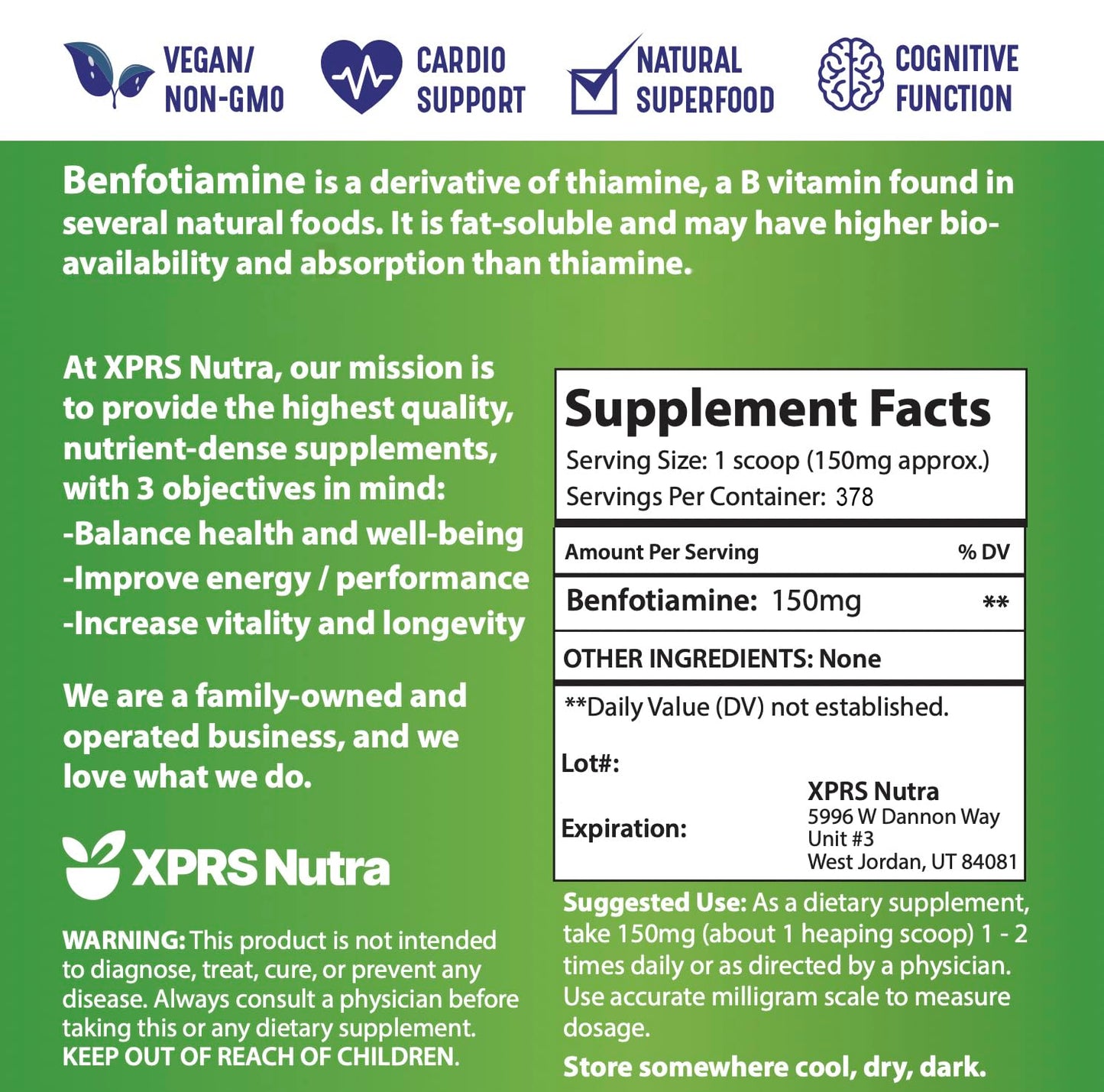 XPRS Nutra Benfotiamine (Thiamine) – Fat-Soluble B1 for Cognitive Health, Vegan, 2 Oz
