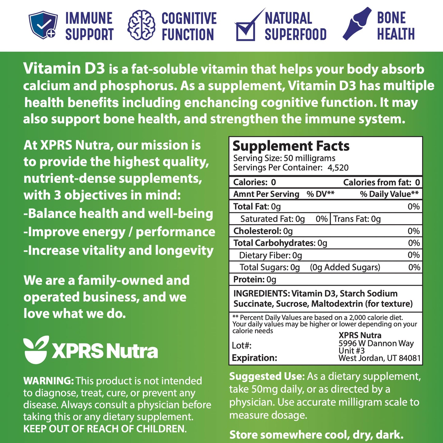 XPRS Nutra Vitamin D3 Powder (Cholecalciferol) - Unflavored D3 Powder - 8oz