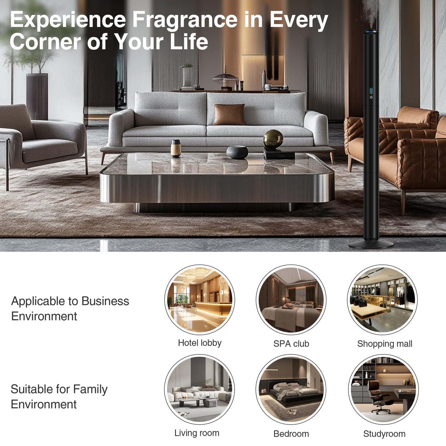 XspideM Waterless Scent Diffuser Starter Kit — 2,000 Sq Ft Coverage, 5 Oils, Remote, Black, 40in