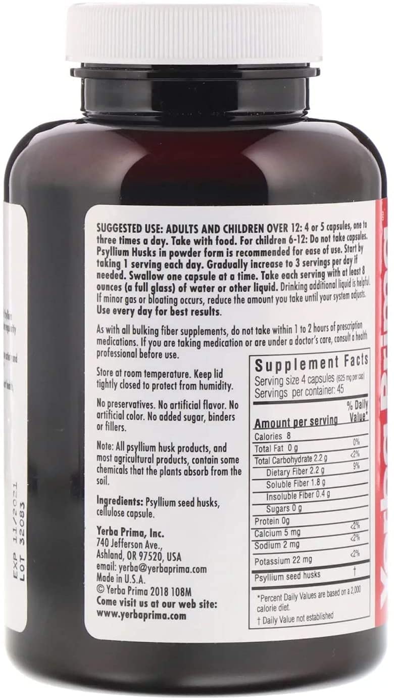 Yerba Prima Psyllium Husk Veg Caps – 180 Count (2 Pack), 625mg – Vegan, Non-GMO, Gluten Free