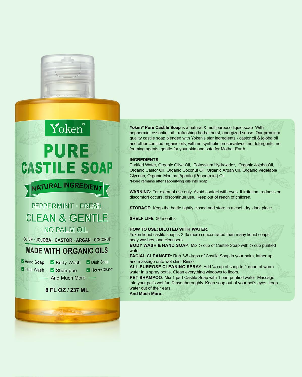 Yoken Peppermint Castile Soap Liquid 8 oz – Organic Oils, Versatile Vegan Cleanser British Harmonia | Natural Makeup & Fragrance by British Harmonia UK