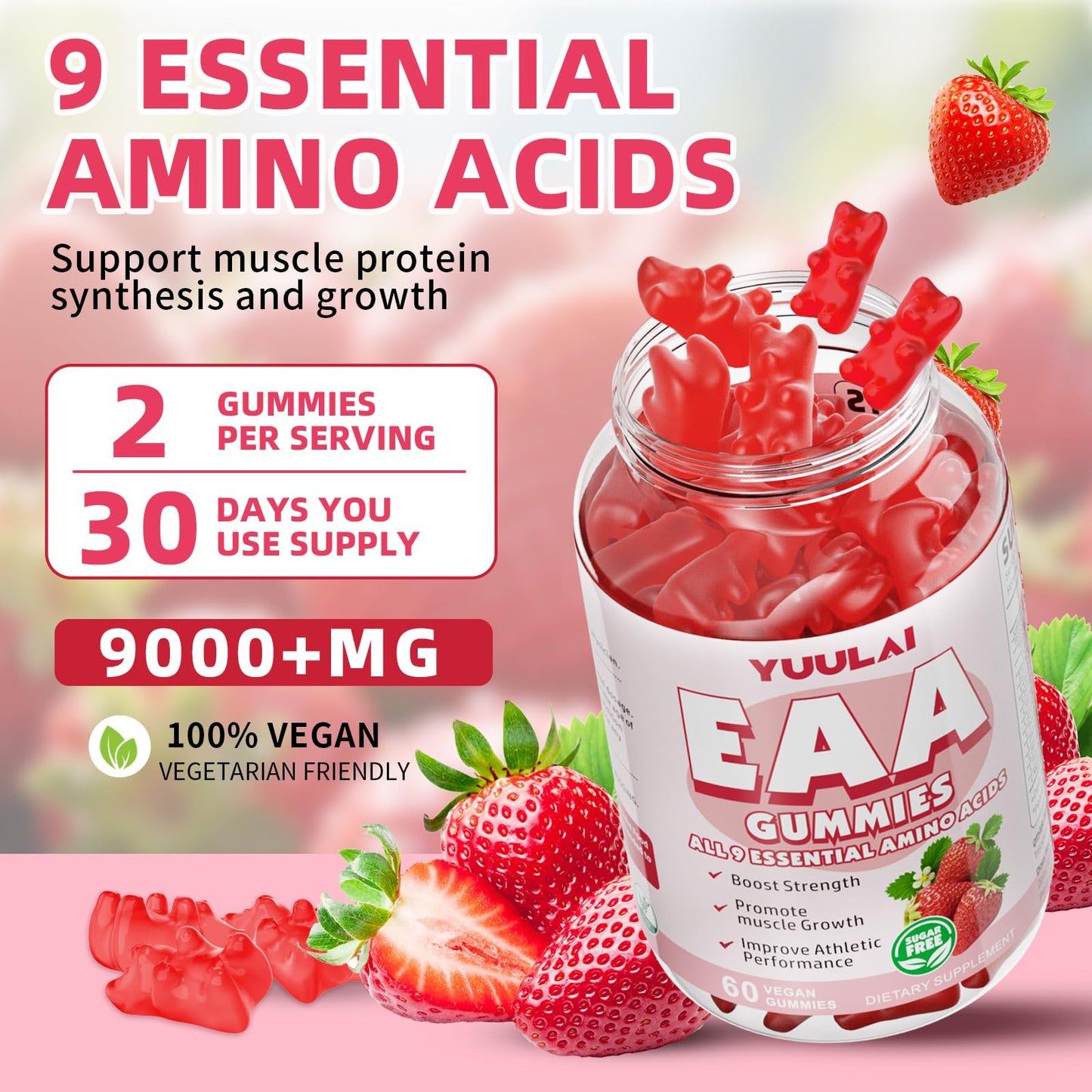 YUULAI EAA Gummies Pack (2 Bottles) – 9 EAAs + BCAAs, Strawberry, 120 Count
