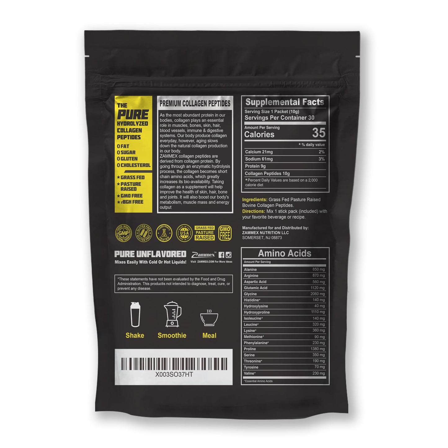 Zammex Premium Collagen Peptides Powder - 30 Travel Packets (Type I & III)