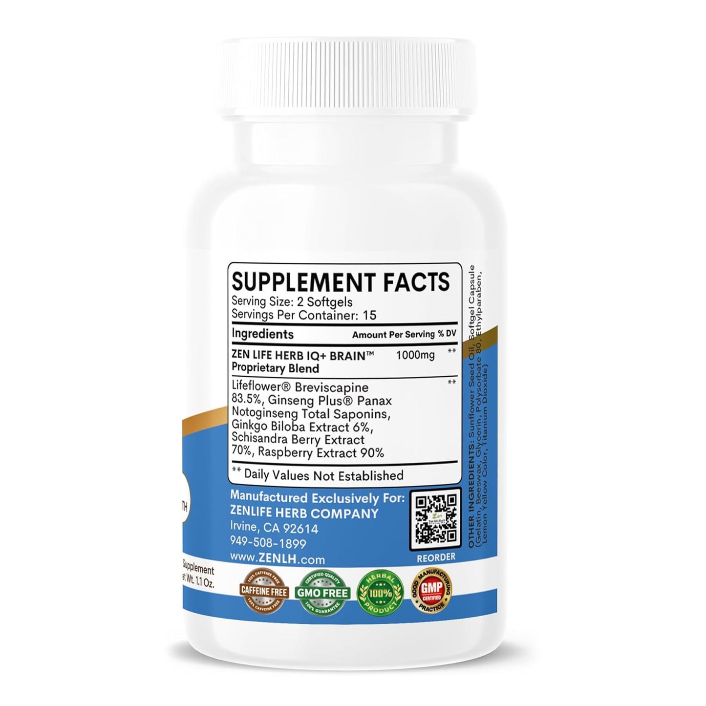 ZEN LIFE HERB IQ+ Brain - Caffeine-Free, Clinically Tested Focus, Concentration, Memory & Energy | 30 Softgels