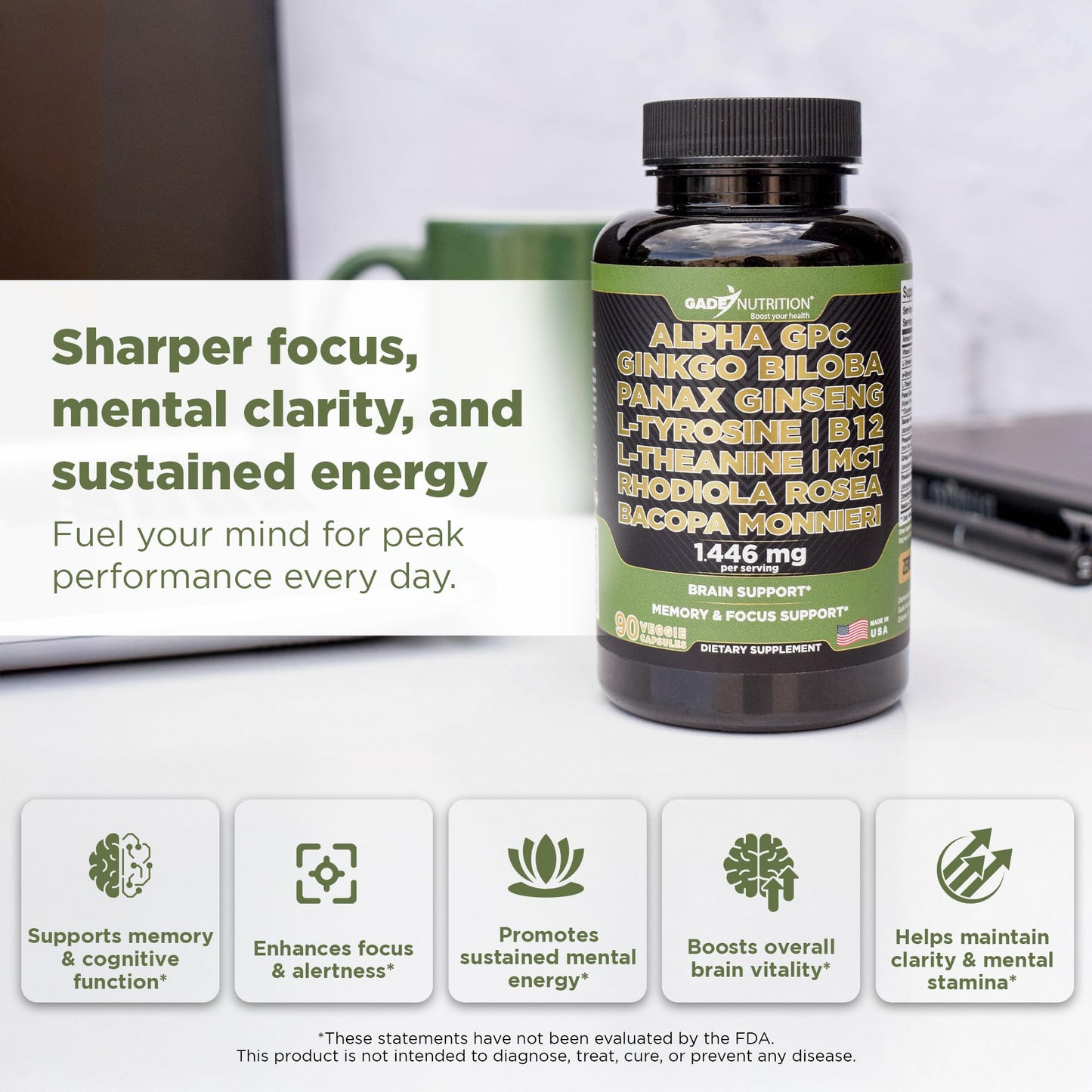 Gade Nutrition Alpha GPC + Ginkgo Biloba + Panax Ginseng + L-Tyrosine, L-Theanine, Bacopa Monnieri, Rhodiola Rosea, B12, MCT