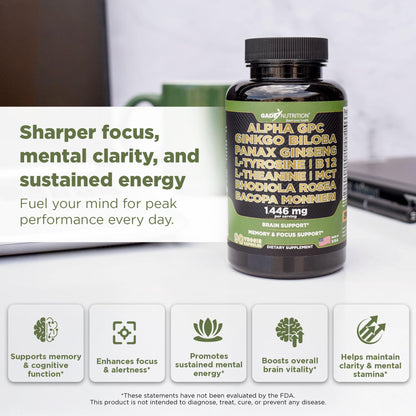 Gade Nutrition Alpha GPC + Ginkgo Biloba + Panax Ginseng + L-Tyrosine, L-Theanine, Bacopa Monnieri, Rhodiola Rosea, B12, MCT