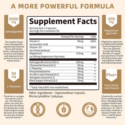 10-in-1 Cortisol Support Supplement – Vegan 120 Capsules | Ashwagandha, L-Theanine, Magnesium
