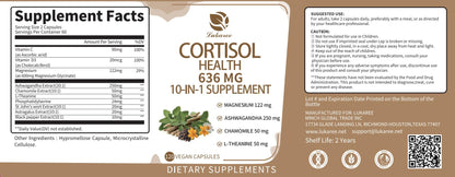 10-in-1 Cortisol Support Supplement – Vegan 120 Capsules | Ashwagandha, L-Theanine, Magnesium