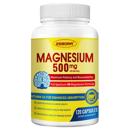 10-in-1 Magnesium Complex 500mg Glycinate, Citrate & Malate - Vitamin D3 & Zinc - 120 Capsules