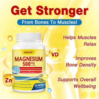 10-in-1 Magnesium Complex 500mg Glycinate, Citrate & Malate - Vitamin D3 & Zinc - 120 Capsules