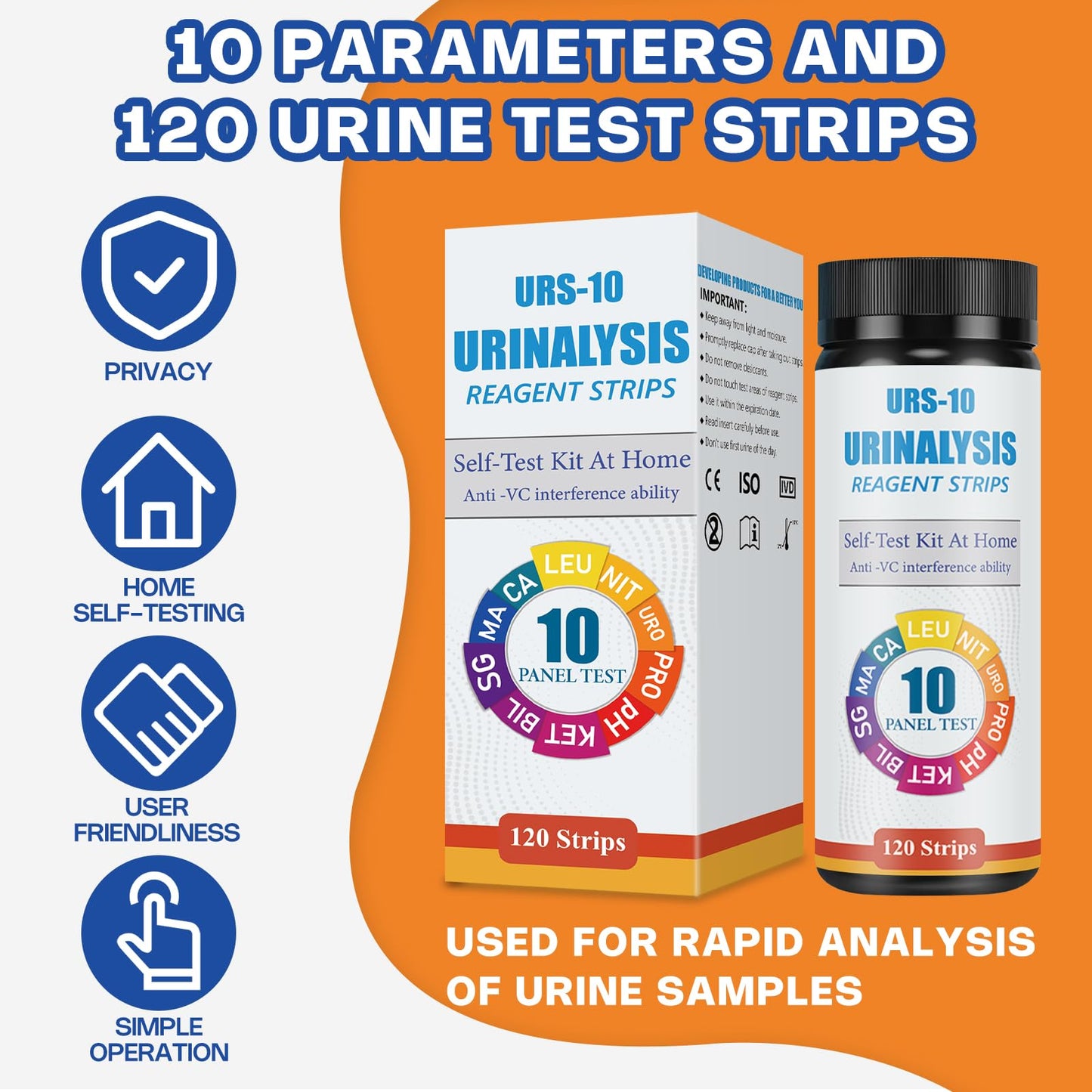 10-in-1 Urine Test Strips - 120 CT | Comprehensive Urinalysis for LEU, NIT, URO, PRO, pH, KET, BIL, SG, Calcium, and Microalbumin | Home Urinalysis Test Strips for Bladder and Urinary Tract Infections