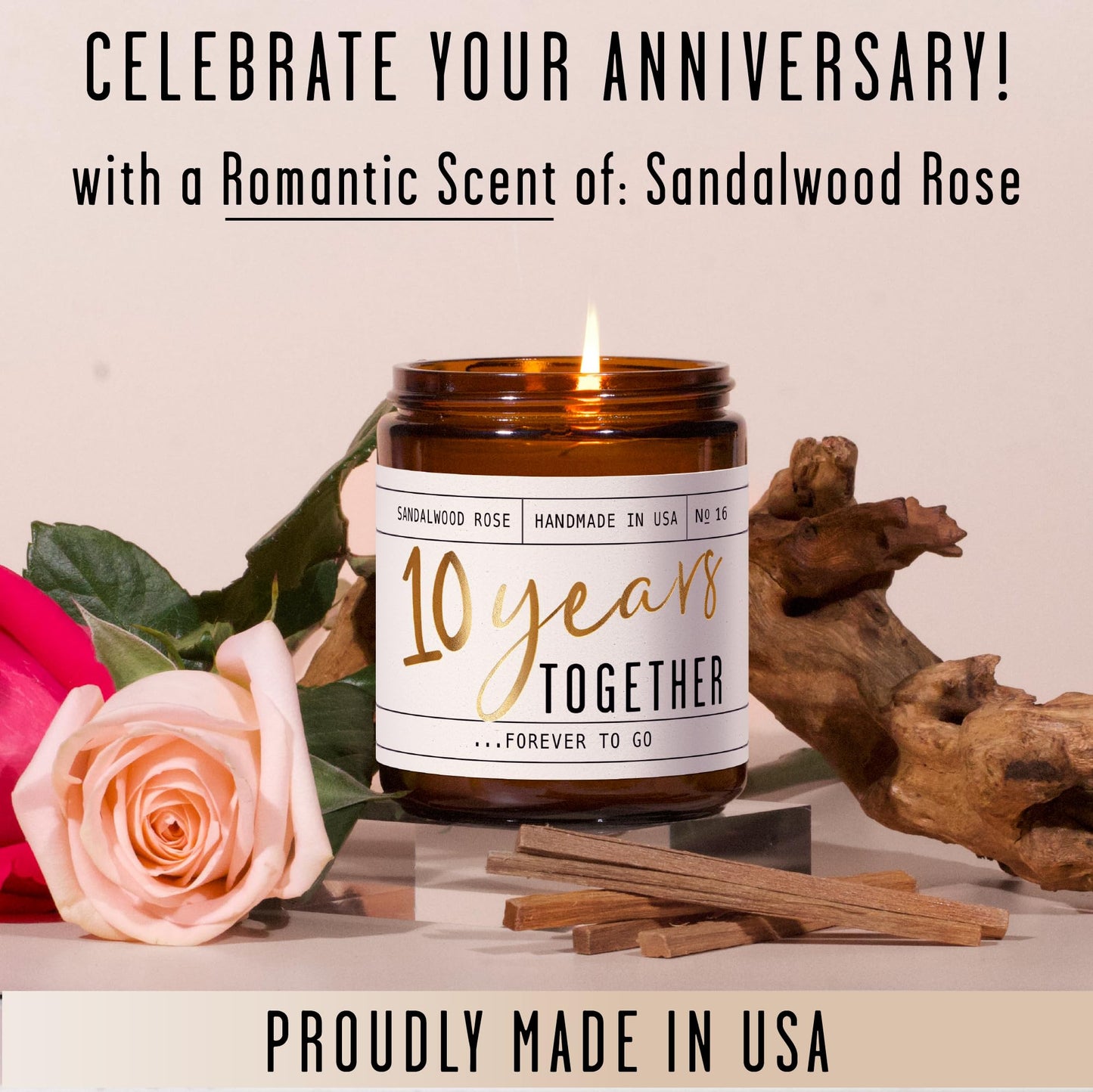 10 Year Anniversary Gift for Wife - Soy Candle, Sandalwood Rose | 50Hr Burn, USA Made