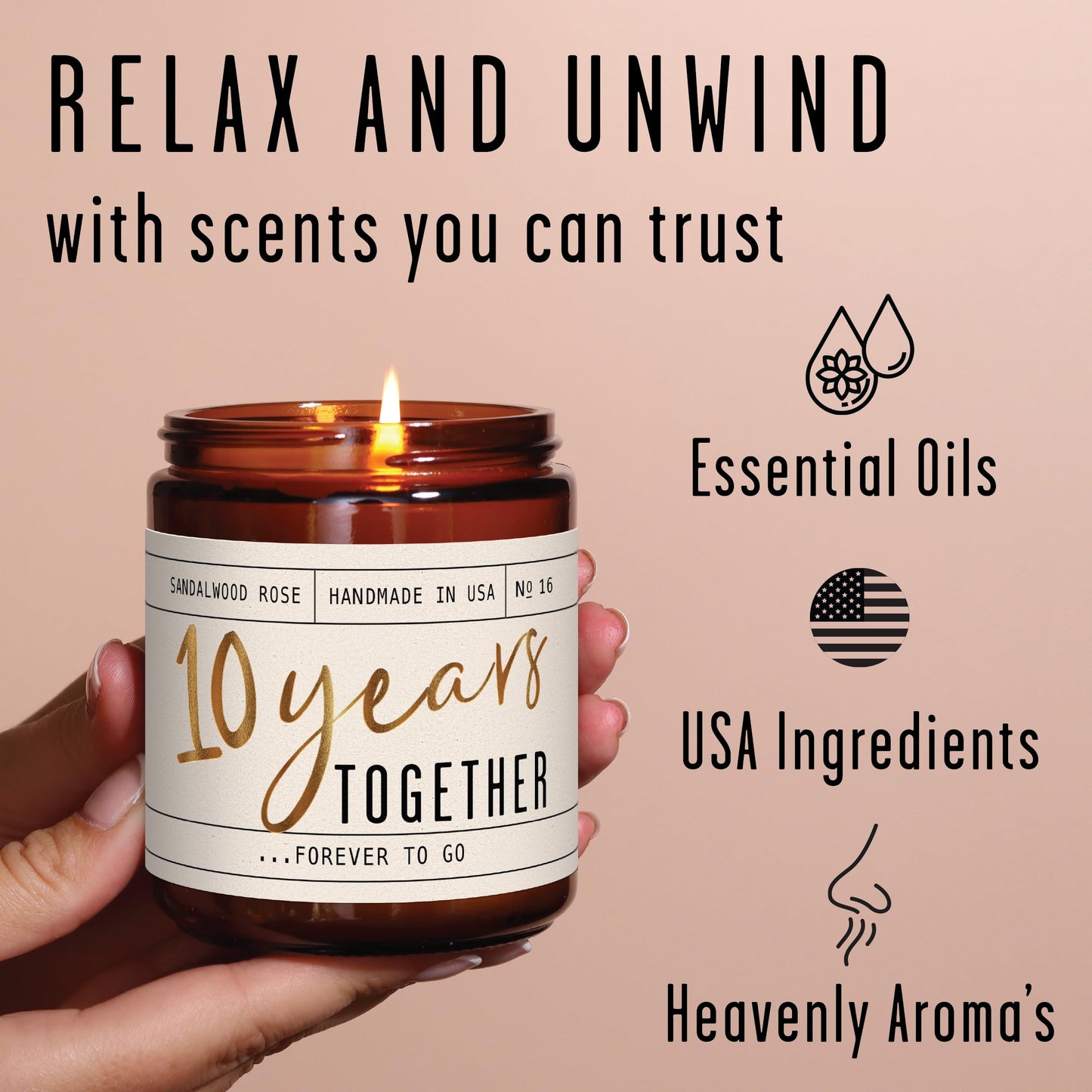10 Year Anniversary Gift for Wife - Soy Candle, Sandalwood Rose | 50Hr Burn, USA Made