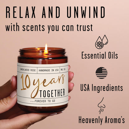 10 Year Anniversary Gift for Wife - Soy Candle, Sandalwood Rose | 50Hr Burn, USA Made
