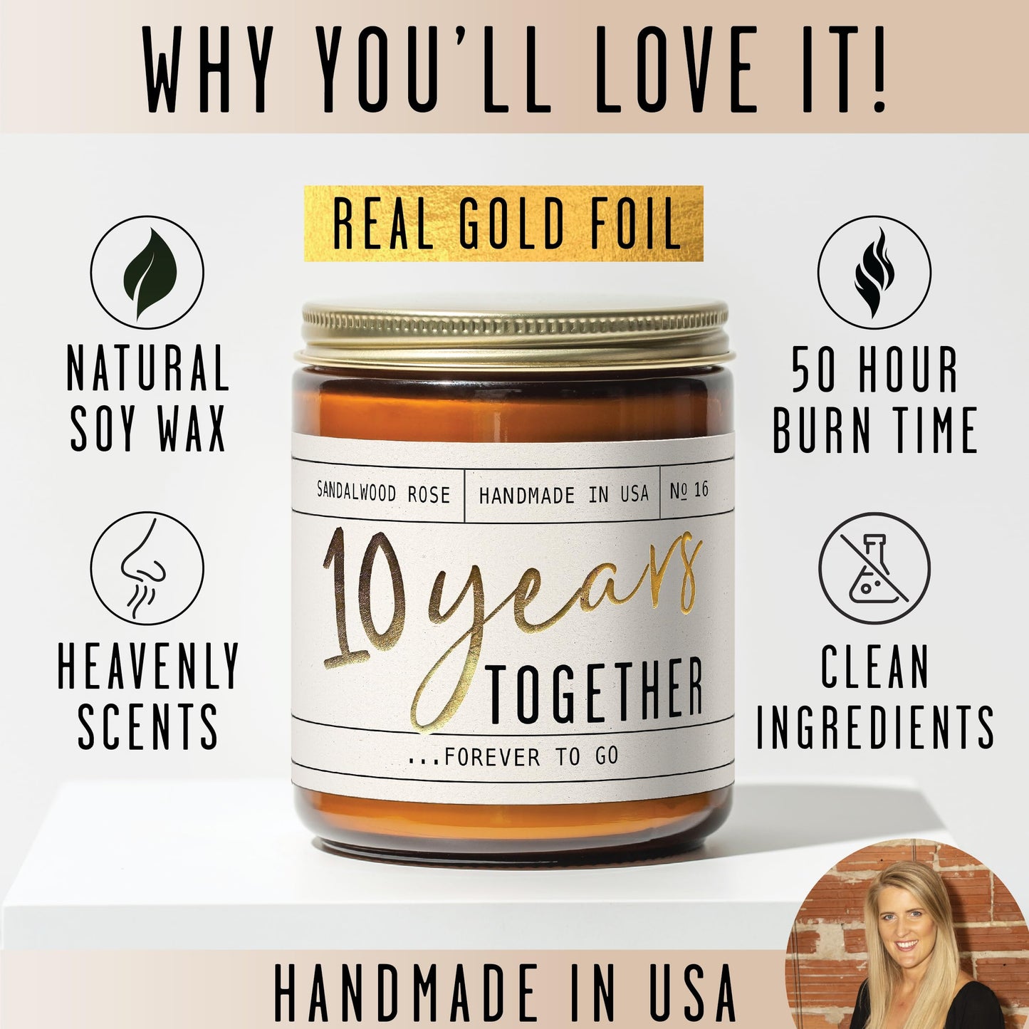 10 Year Anniversary Gift for Wife - Soy Candle, Sandalwood Rose | 50Hr Burn, USA Made